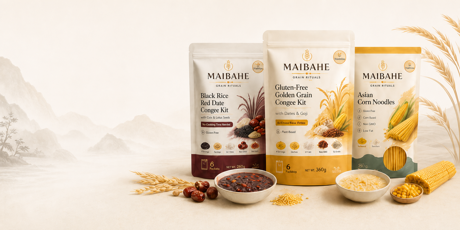TERRAMAI congee kits and gluten-free corn noodles