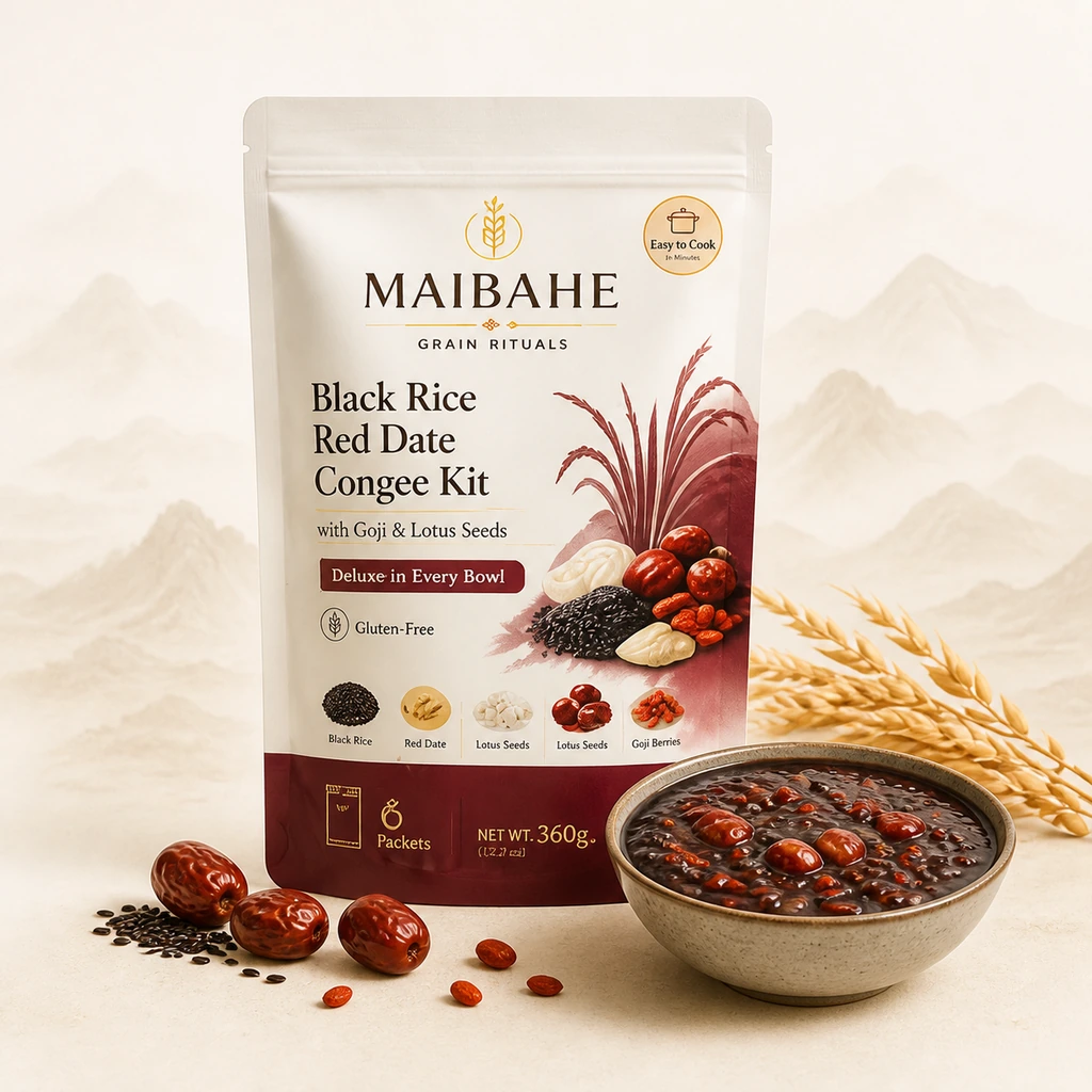 Black Rice & Red Date Congee Kit package and serving bowl