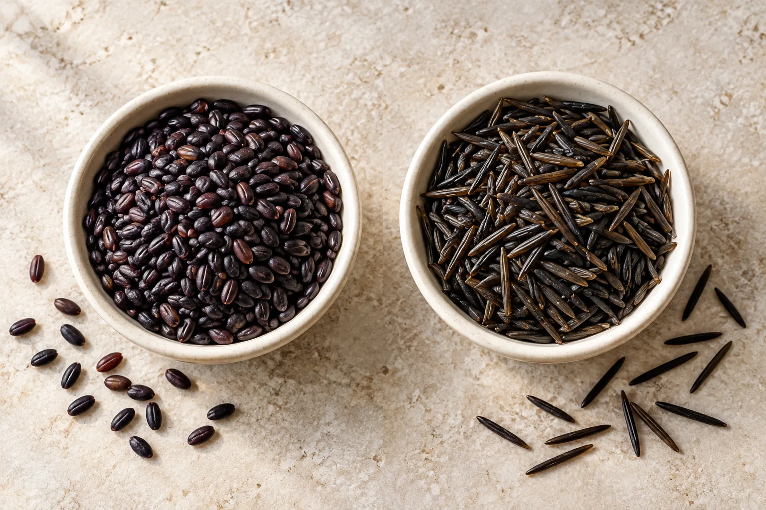 Black rice vs wild rice illustration showing short dark rice grains beside long slender wild rice in cream bowls