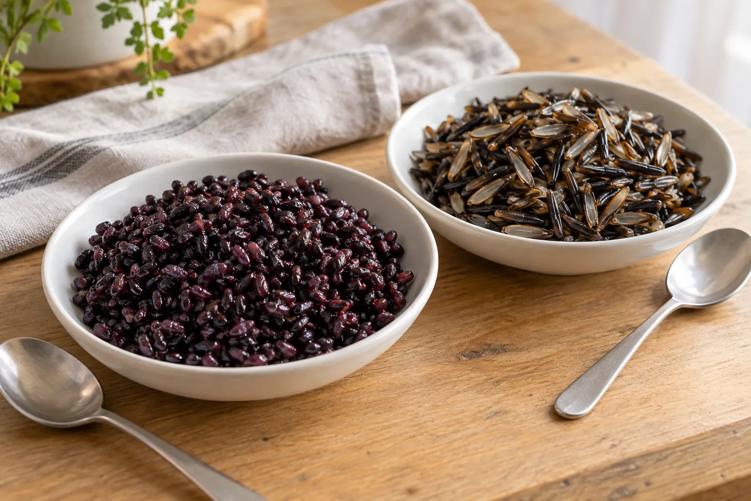 Cooked dark purple black rice and long wild rice with pale split interiors in white tasting dishes