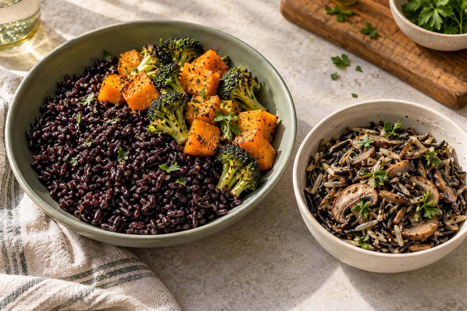 Black rice with roasted squash and broccoli beside wild rice with mushrooms and parsley