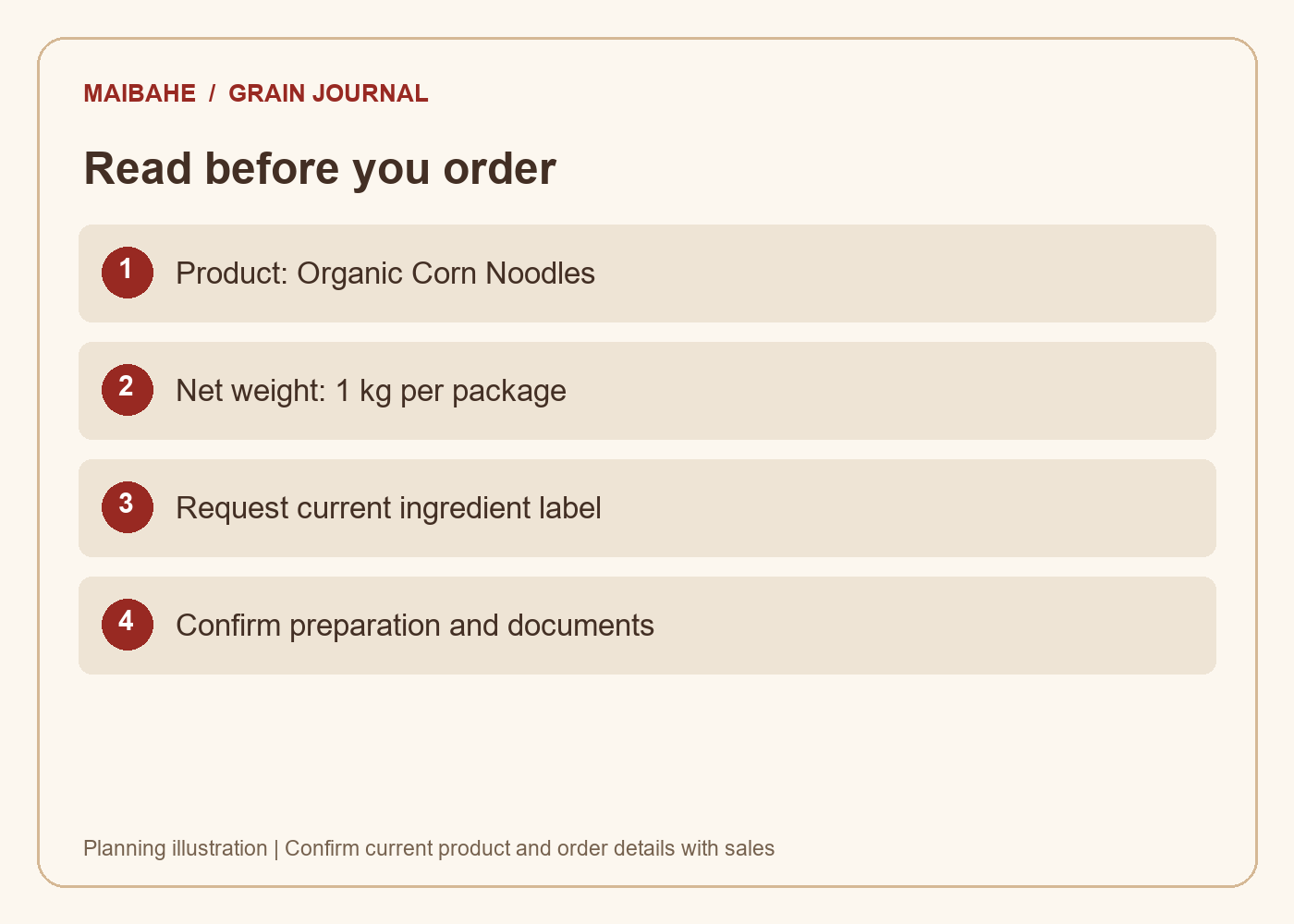 Organic Corn Noodles buying checklist: 1 kg net weight, current label, preparation and documents
