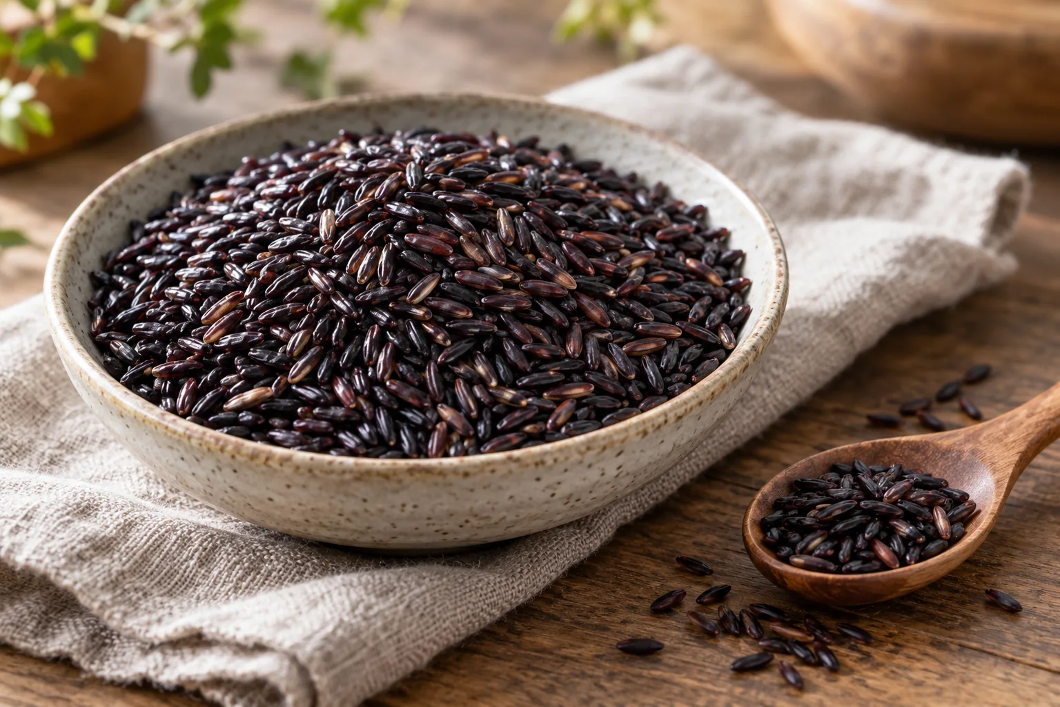 Chinese black rice illustration showing dark elongated uncooked grains in a ceramic bowl beside a wooden spoon