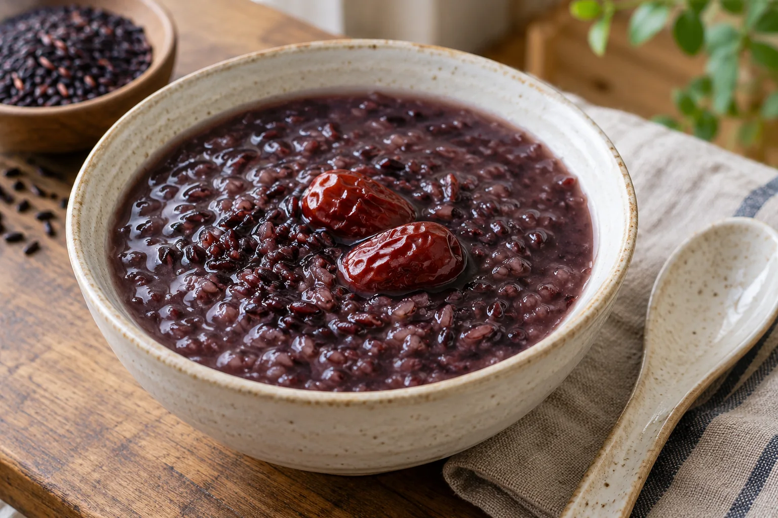 Chinese black rice serving illustration of deep purple congee topped with two red dates beside a ceramic spoon