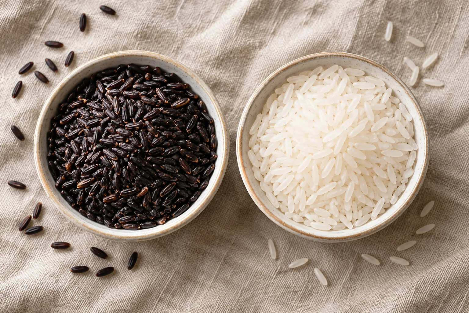 Chinese black rice comparison illustration with uncooked dark rice and white rice in separate ceramic bowls