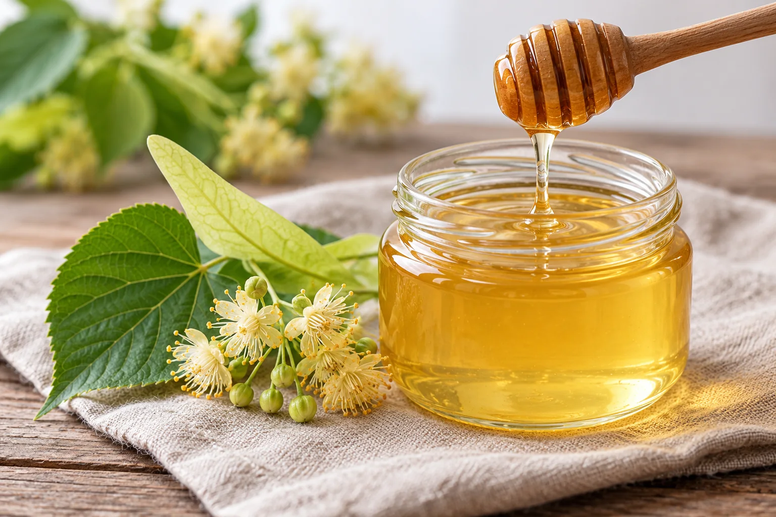 Chinese linden honey illustration showing a golden honey jar, wooden dipper and linden flower sprig