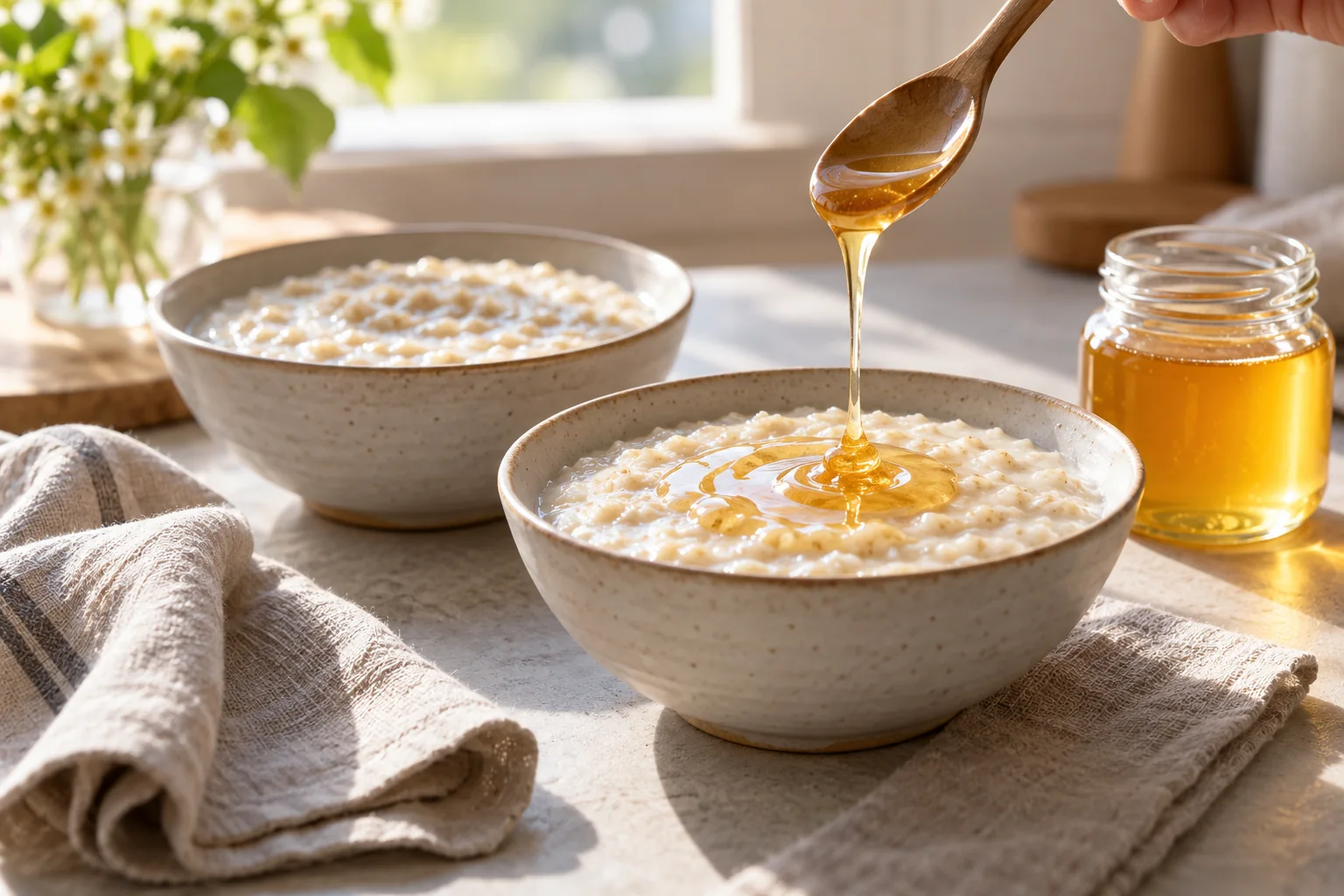 Chinese linden honey serving illustration with a golden honey swirl added to plain grain porridge