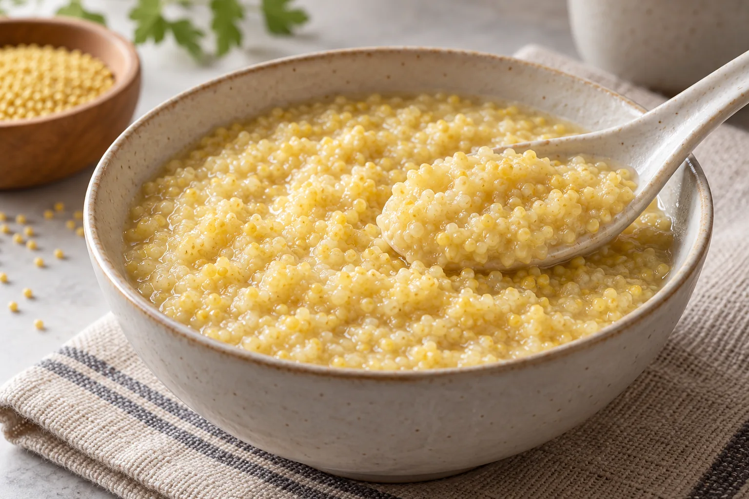 Chinese millet serving illustration showing soft golden porridge in a ceramic bowl with a spoon