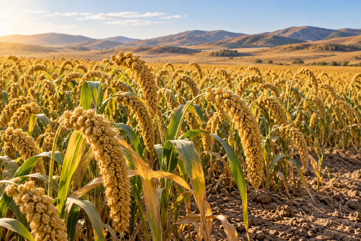 Chinese millet illustration showing golden foxtail grain heads in a northern China dryland field