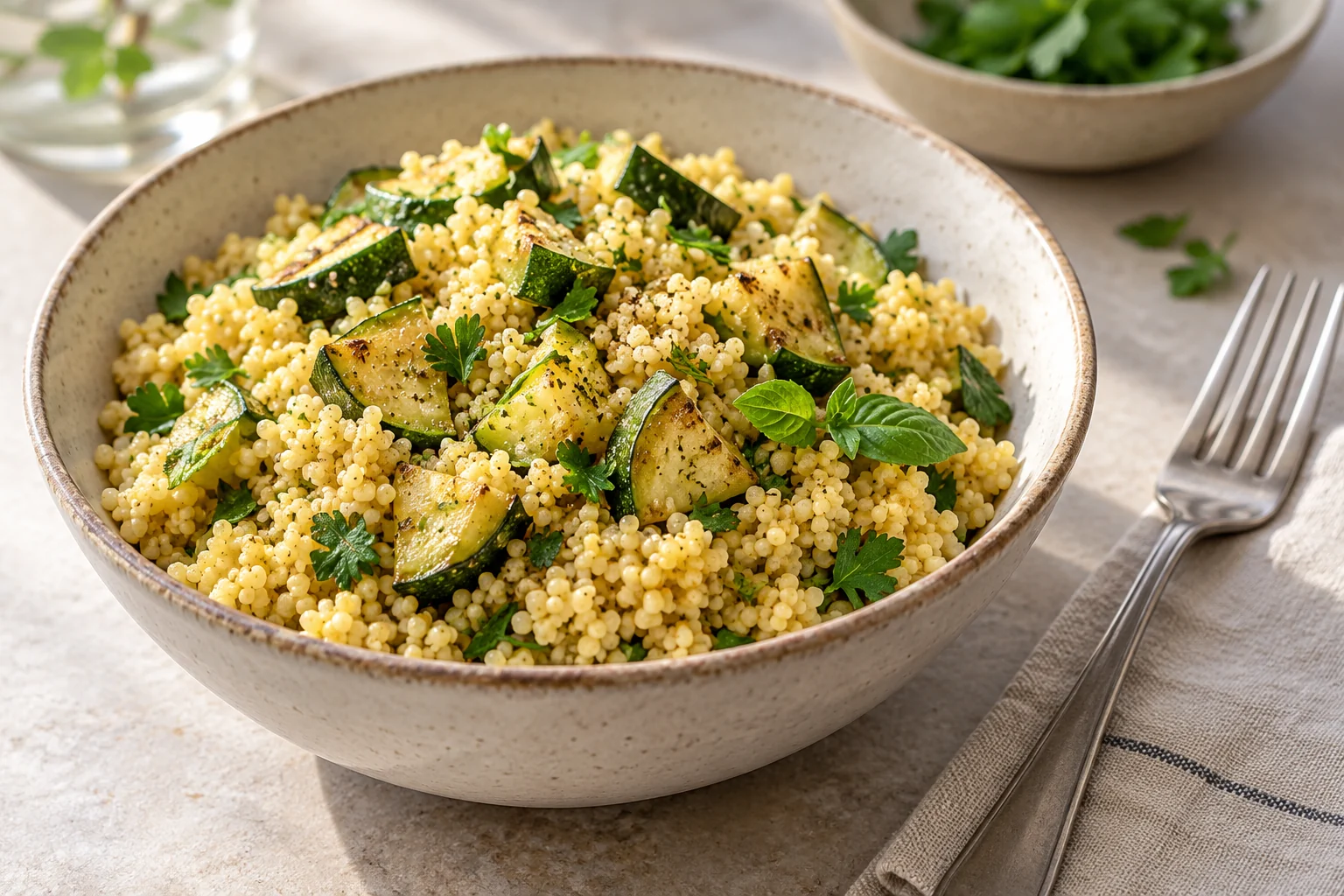 Cooked golden millet with zucchini pieces and green herbs in a ceramic bowl