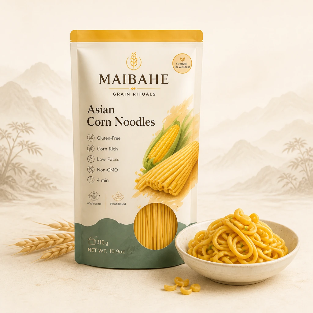 Organic Corn Noodles package and serving bowl