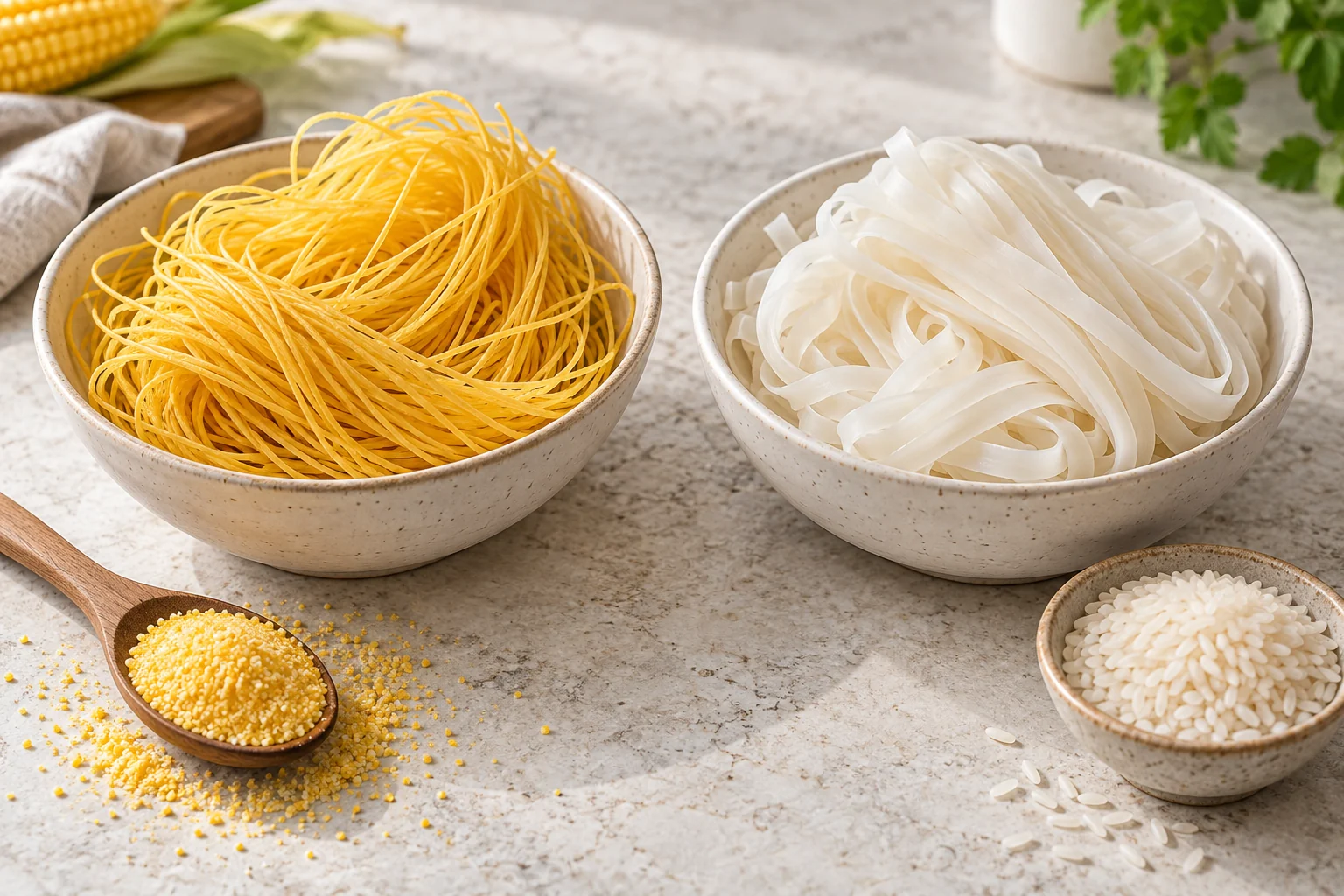 Corn noodles vs rice noodles illustration with golden strands and ivory ribbons in separate bowls