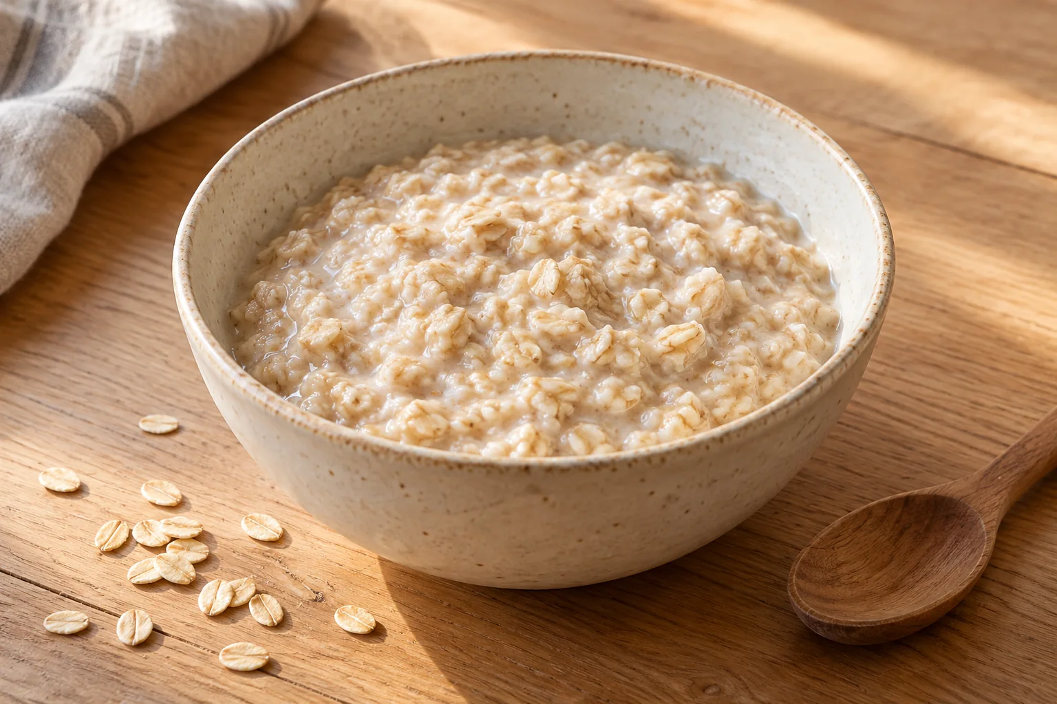 Creamy oatmeal porridge in an ivory ceramic bowl beside a wooden spoon