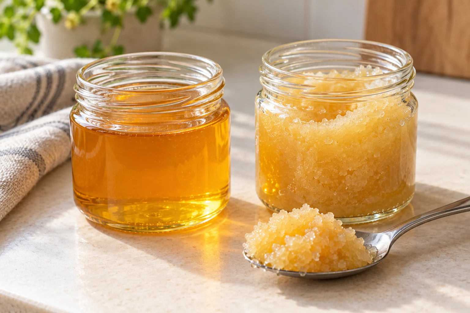 Crystallized honey in a glass jar beside liquid honey and a spoonful of grainy honey