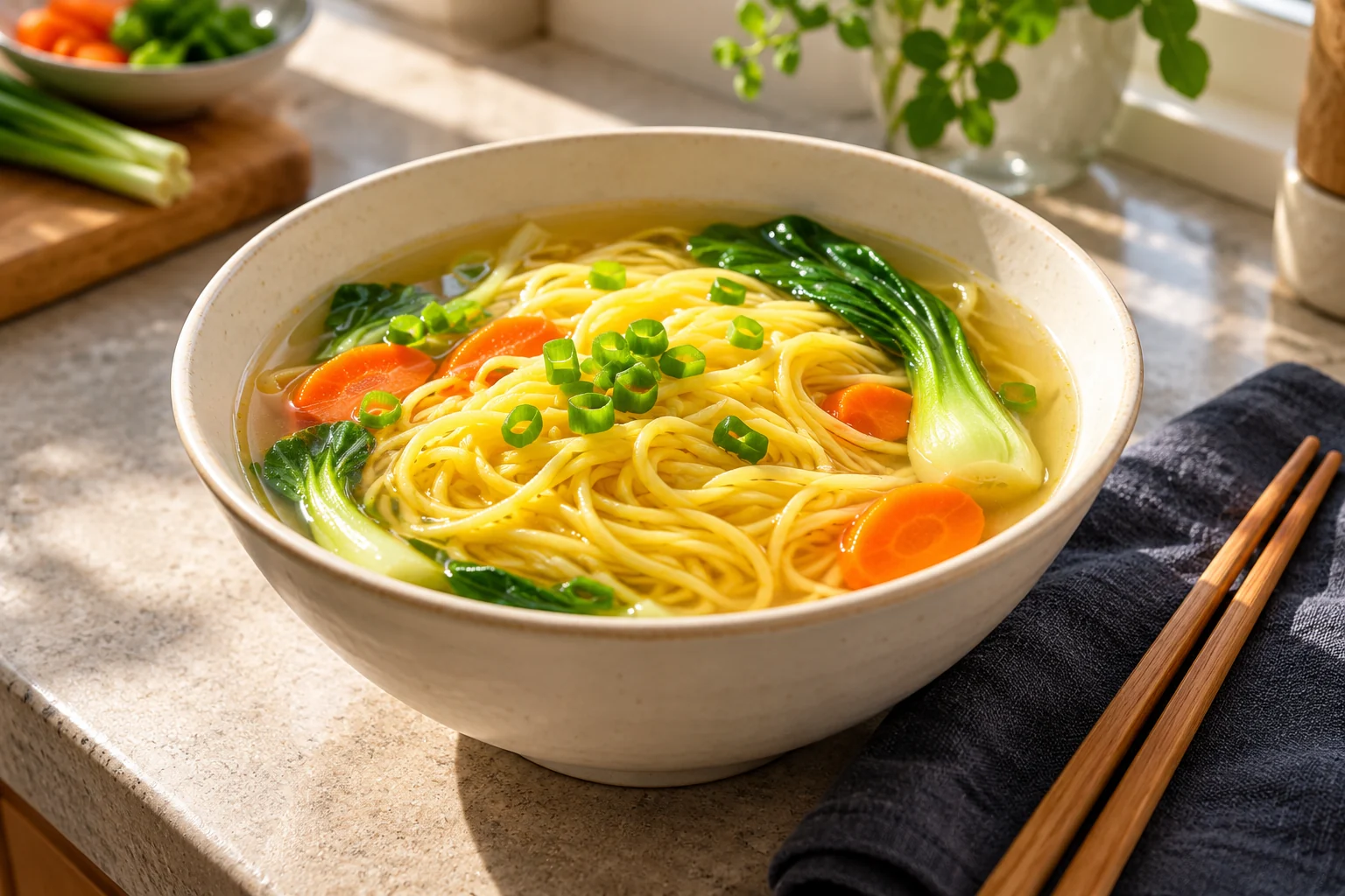 Golden noodle strands in clear broth with carrot slices, bok choy and green onion