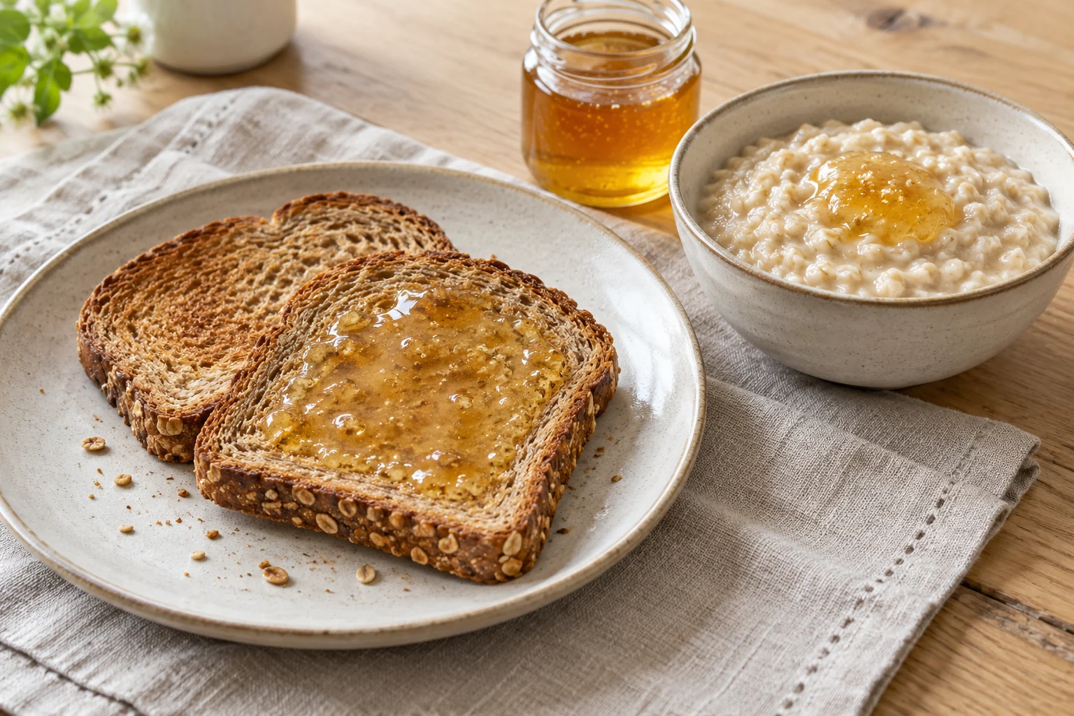 Wholegrain toast with honey beside a bowl of oatmeal topped with a spoonful of honey