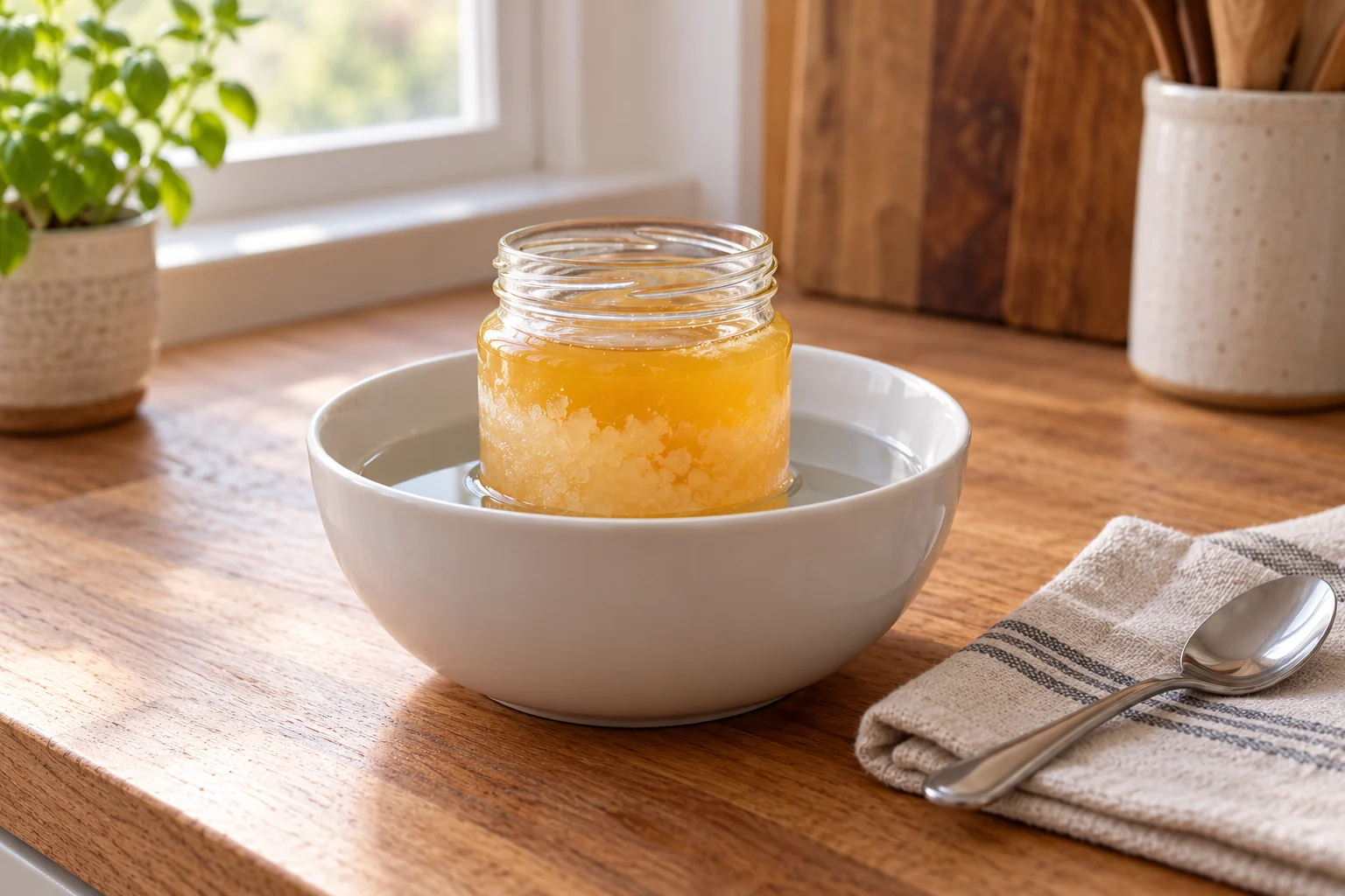 Glass honey jar standing upright in a ceramic bowl of water with a dry spoon beside it