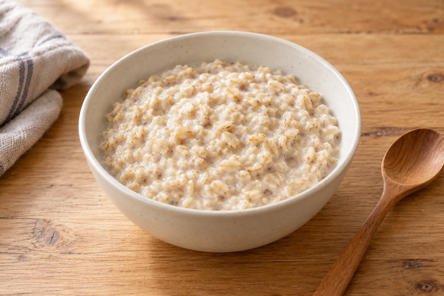 How to cook oatmeal: creamy oat porridge in an ivory ceramic bowl with a wooden spoon