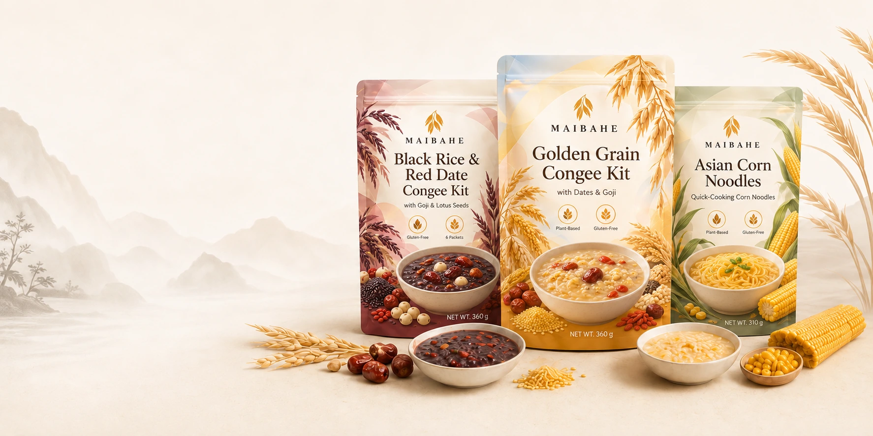 MAIBAHE Black Rice & Red Date Congee Kit, Golden Grain Congee Kit and Asian Corn Noodles, displayed with bowls of congee and grains.