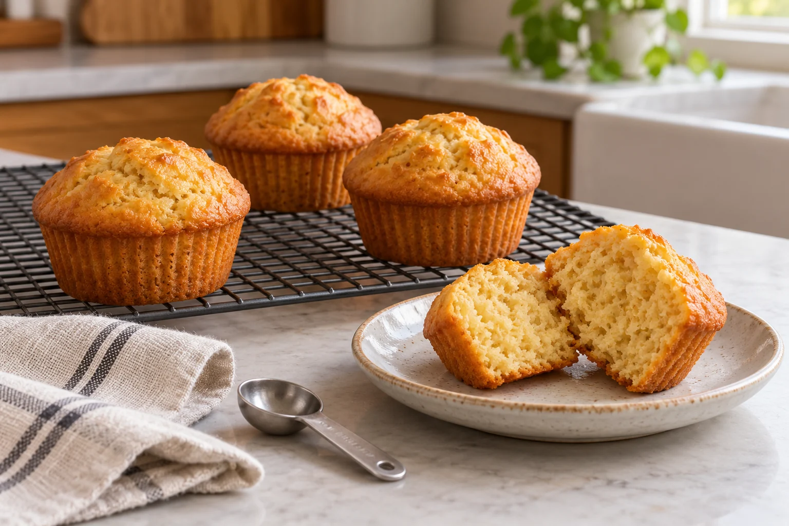 Three golden muffins on a cooling rack with a split muffin on a plate