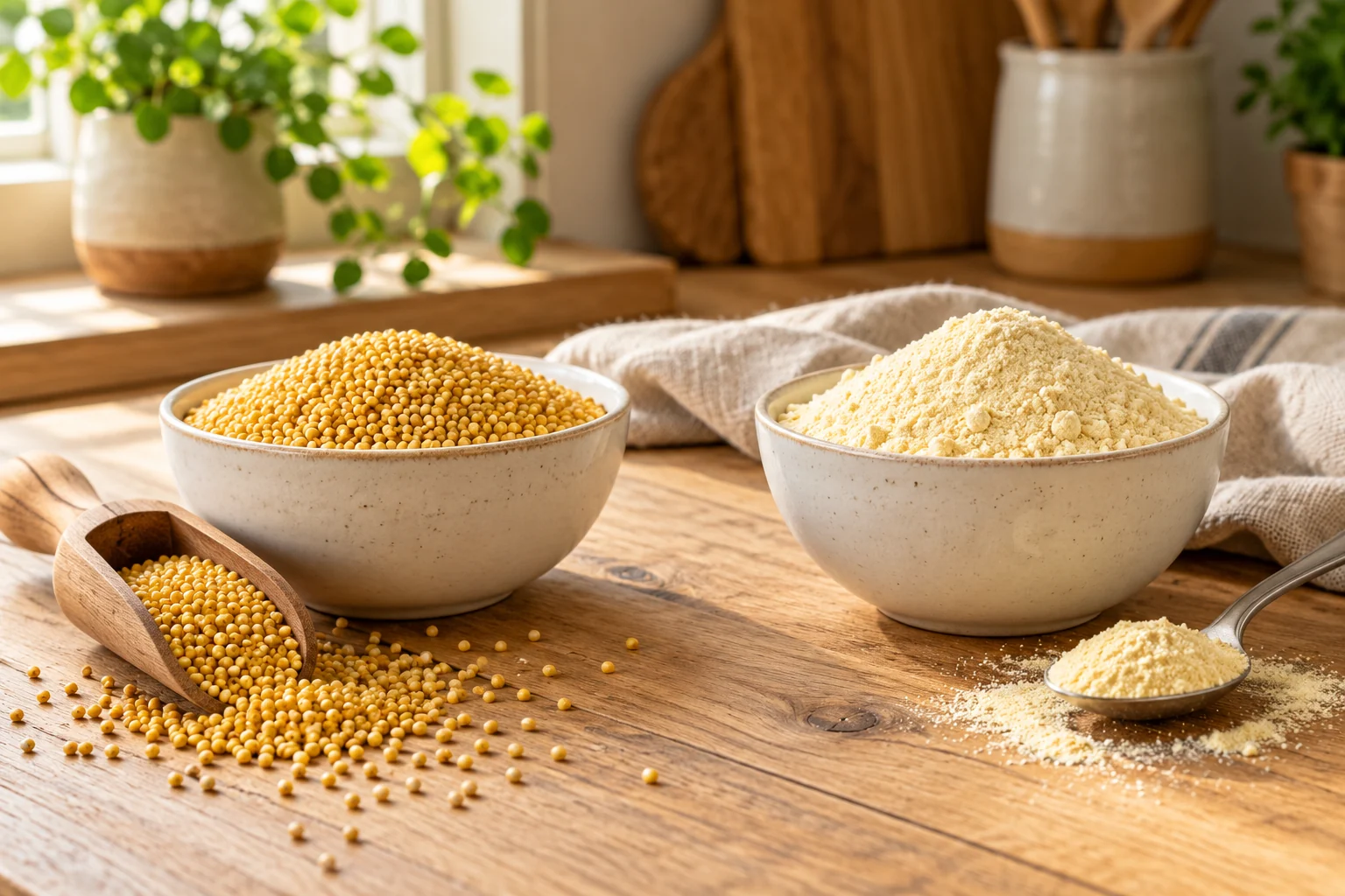 Millet flour vs whole millet illustration with flour and golden grains in separate bowls