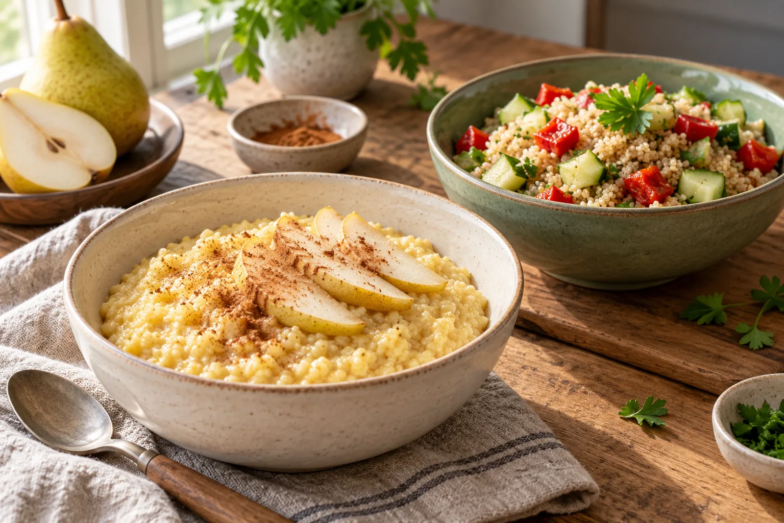 Golden millet porridge with sliced pear and cinnamon beside quinoa salad with cucumber and roasted red pepper