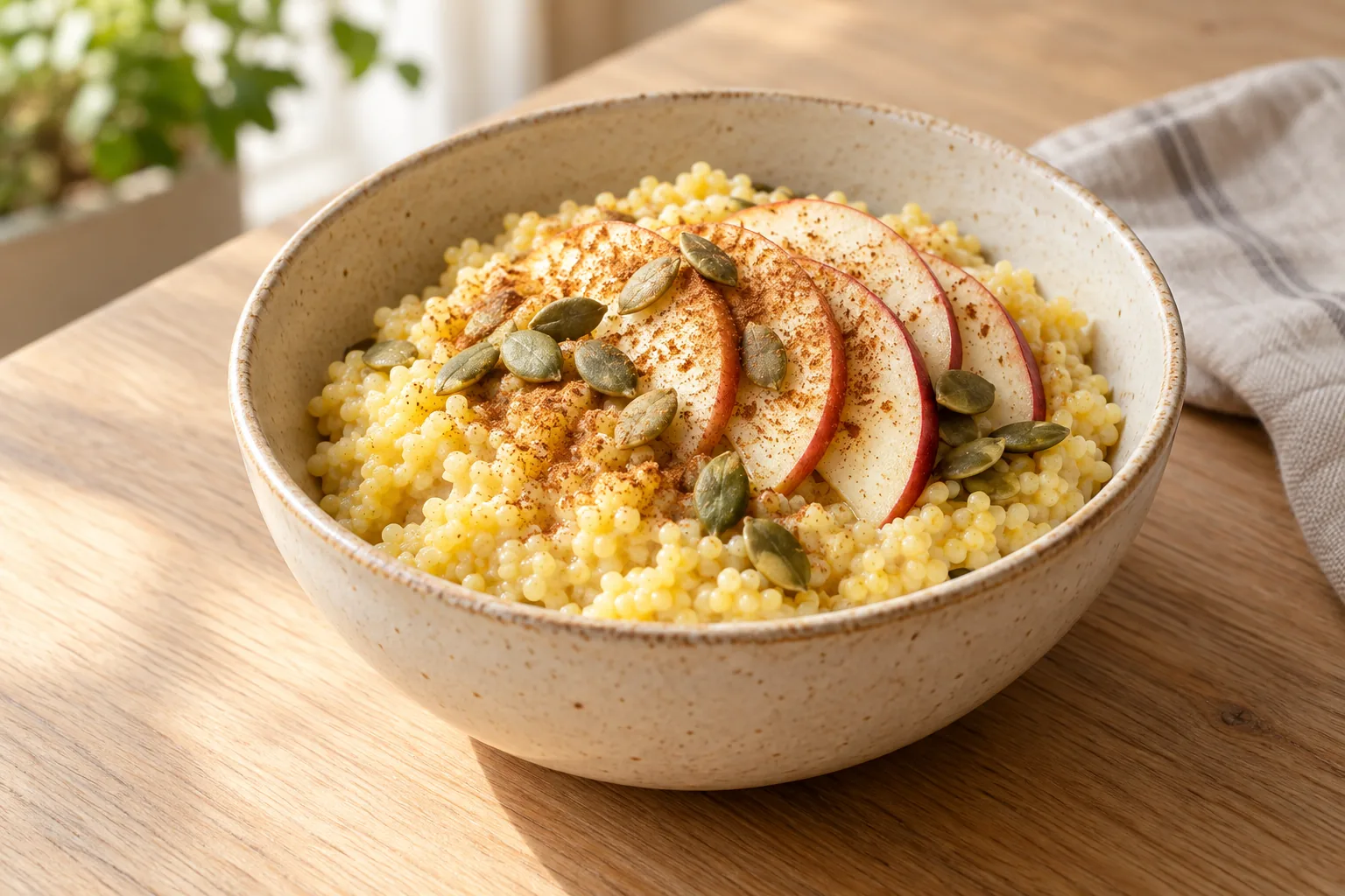 Millet porridge toppings illustration with apple slices, cinnamon and pumpkin seeds on golden cooked grains