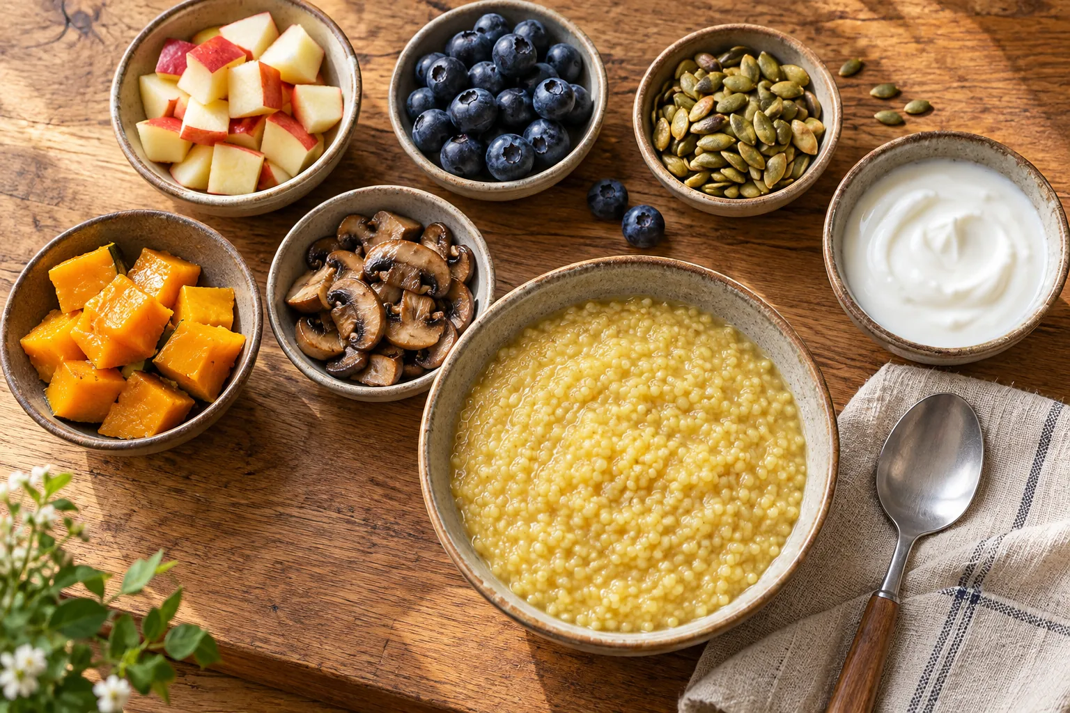Millet porridge toppings planning illustration with separate bowls of apple, blueberries, pumpkin seeds, yogurt, pumpkin and mushrooms