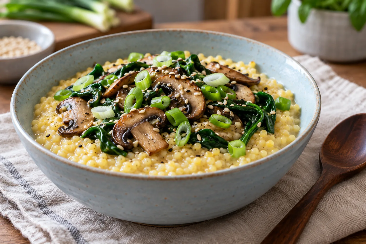 Savory millet porridge toppings illustration showing cooked mushrooms, spinach, spring onion and sesame in a blue bowl