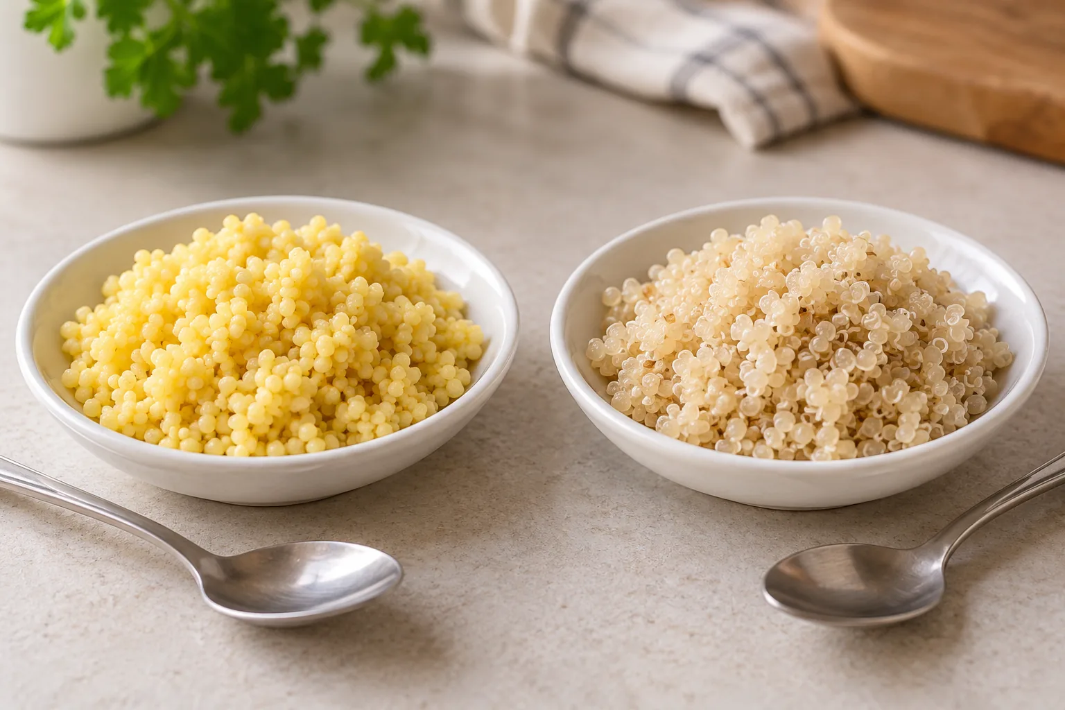 Cooked golden millet and ivory quinoa with pale curled germ threads in separate white tasting dishes