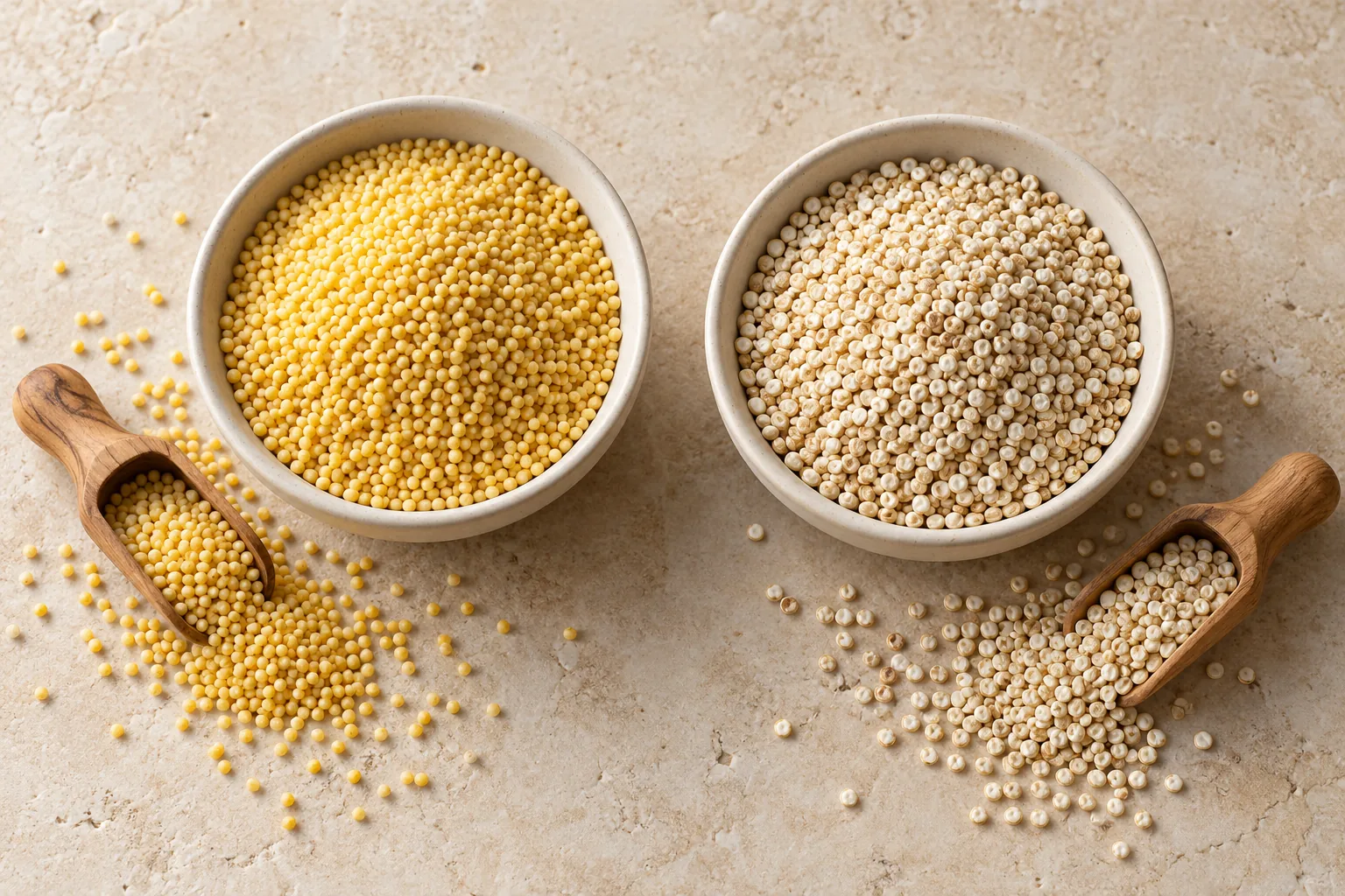 Millet vs quinoa illustration with golden millet and ivory quinoa in cream bowls with wooden scoops