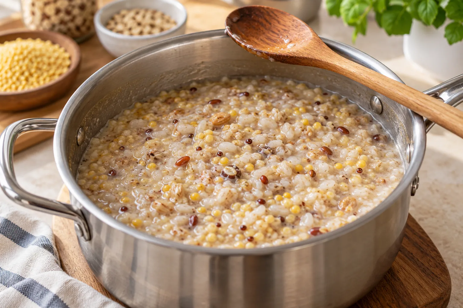 Cooked multigrain porridge in a saucepan with a wooden spoon