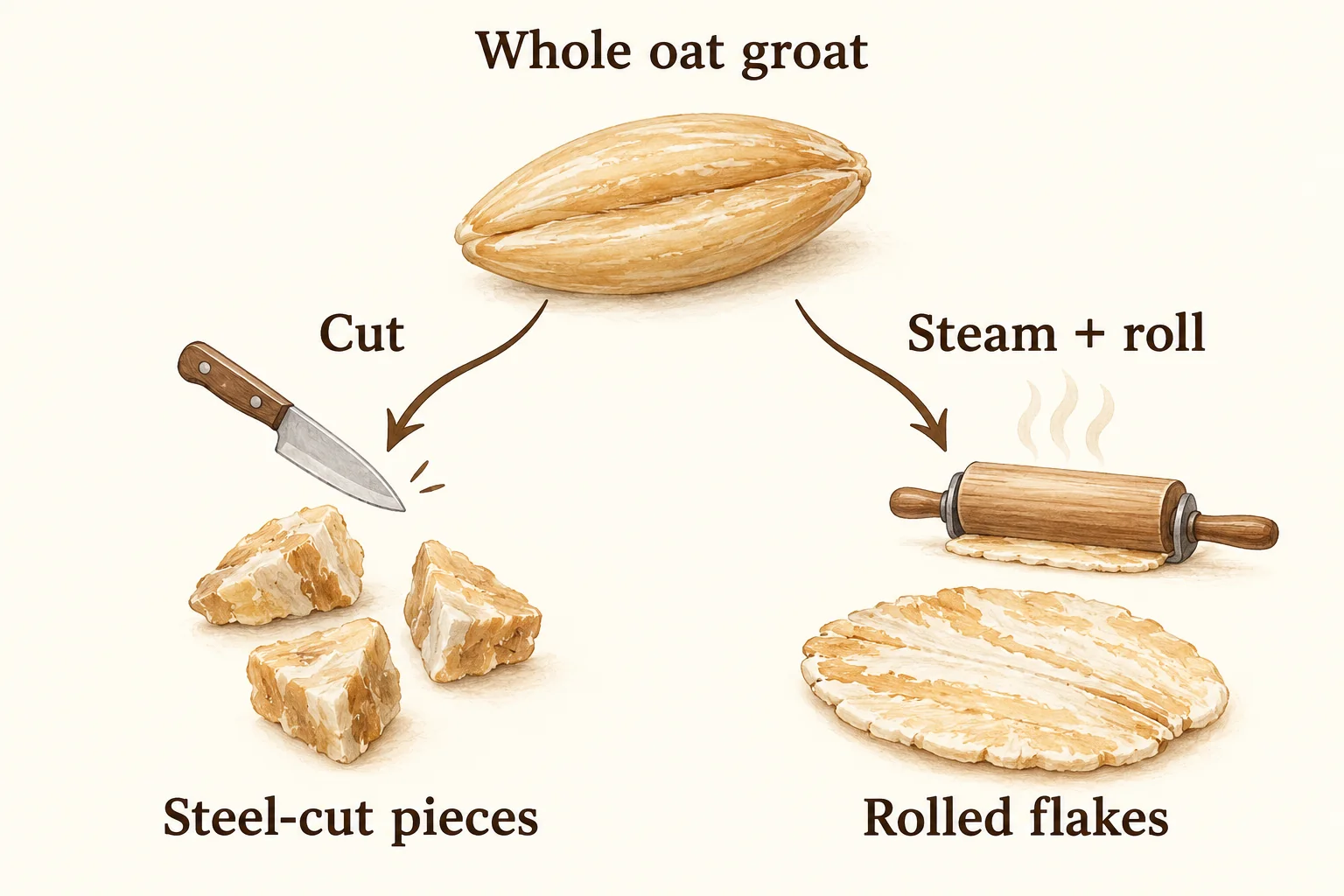 Illustrated oat groat branching into cut steel-cut pieces and steamed rolled flakes