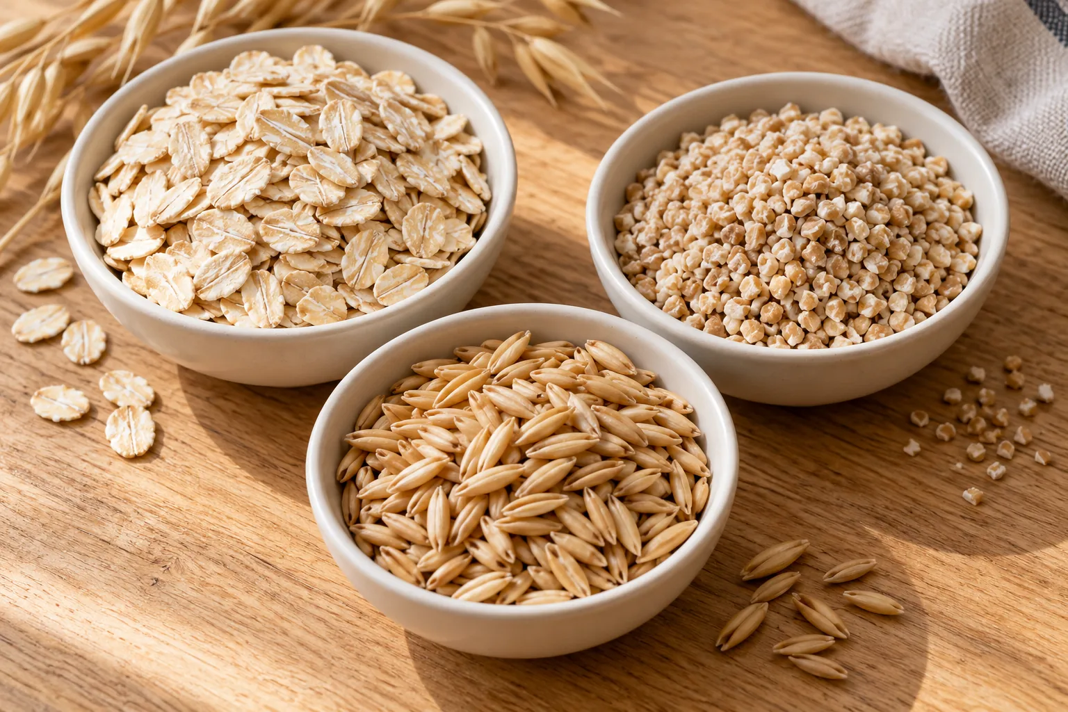 Rolled oats, steel-cut oats and whole oat groats in three small bowls