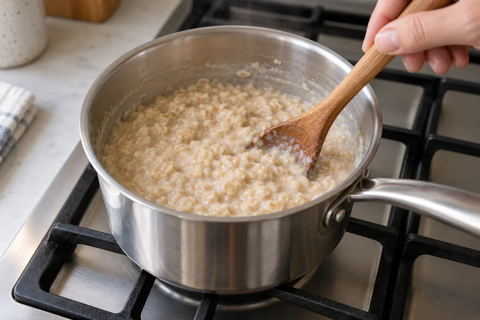 Plain oatmeal porridge being stirred with a wooden spoon in a saucepan