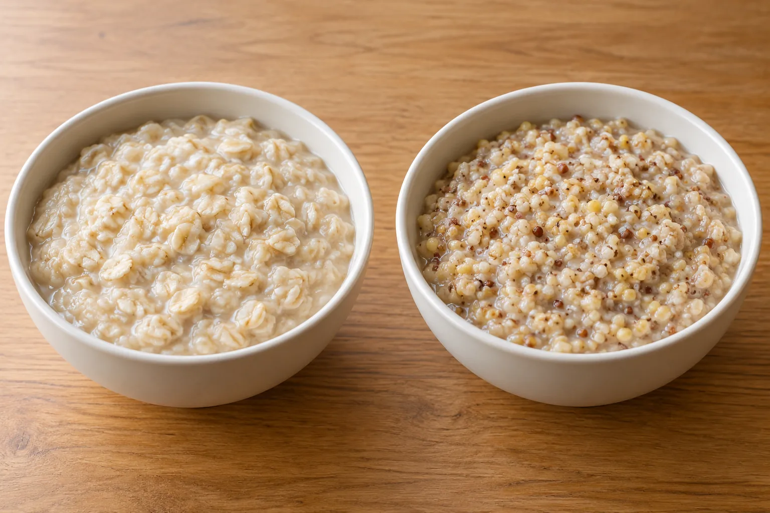 Oatmeal vs multigrain porridge served side by side in two ceramic bowls