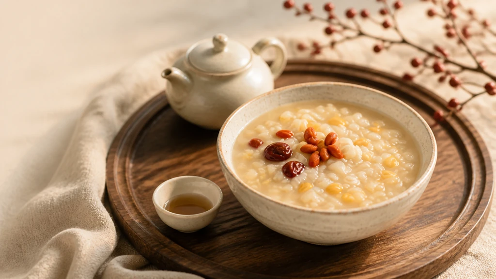 Golden grain congee with dates and goji berries on a wooden tea tray