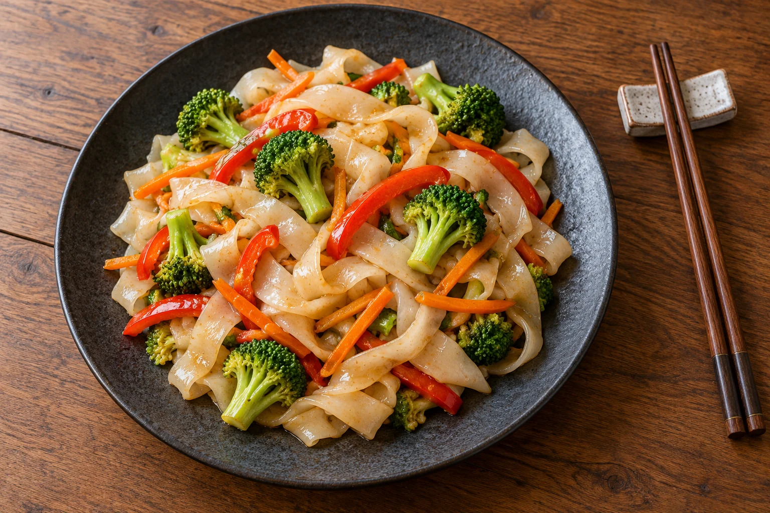 Ivory noodle ribbons with broccoli, red pepper and carrot on a dark plate
