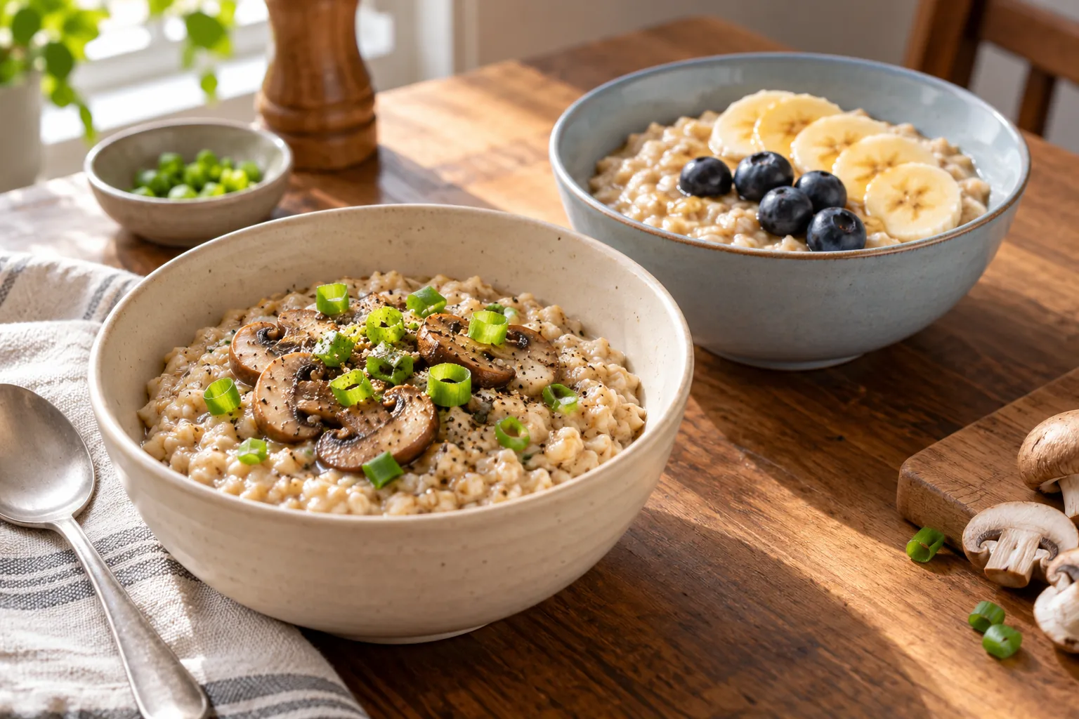 Oatmeal with mushrooms and scallions beside a separate bowl topped with banana and blueberries