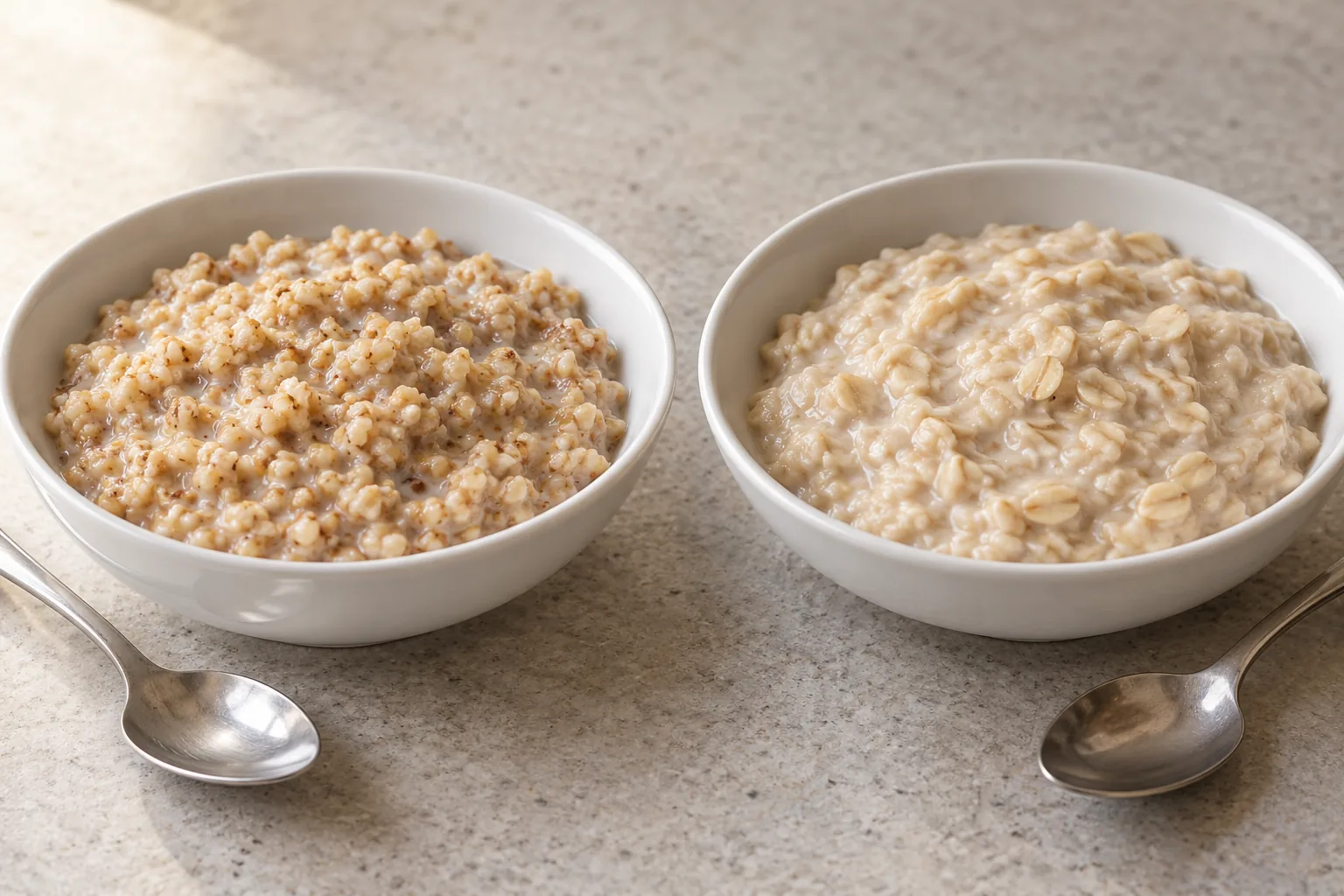 Granular cooked oat porridge beside a softer porridge with visible rolled flakes in white dishes