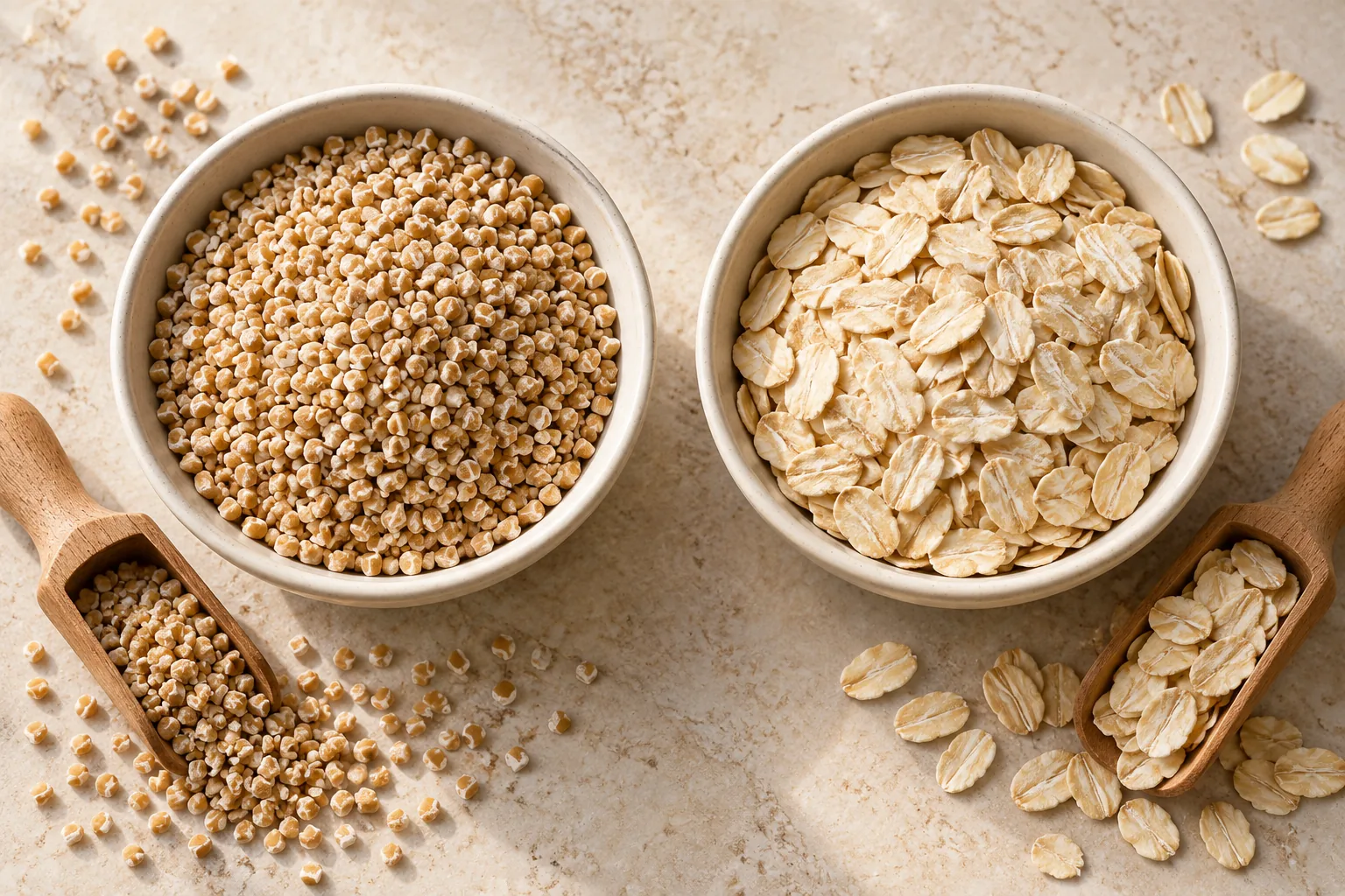 Steel cut vs rolled oats illustration showing chopped oat pieces and flat rolled flakes in cream bowls